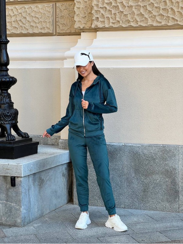 Жіночий спортивний костюм на блискавці смарагдового кольору 34114