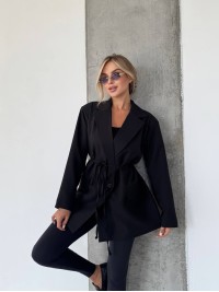 Жіночий подовжений пiджак з поясом чорного кольору 34121