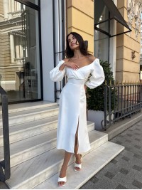 Вечірня сукня мiдi молочного кольору 34142