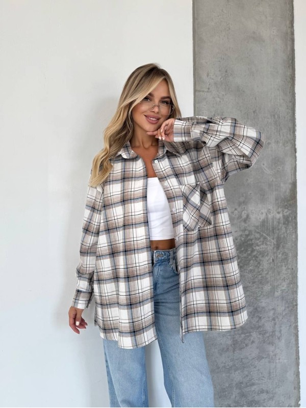 Жіноча фланелева сорочка в клітинку молочного кольору 34152