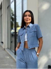 Жіночий прогулянковий костюм з мікро-вельвету блакитного кольору 34174