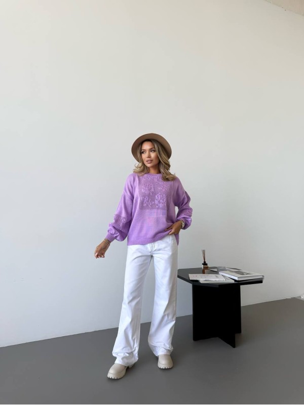 Класичний жіночий светр з ажурним плетiнням бузкового кольору 34175