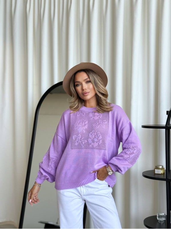 Класичний жіночий светр з ажурним плетiнням бузкового кольору 34175