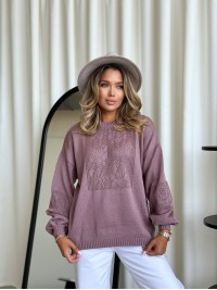 Класичний жіночий светр з ажурним плетiнням пудрового кольору 34177