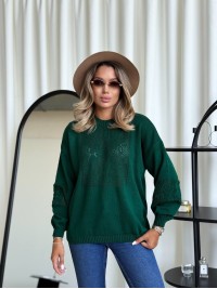 Класичний жіночий светр з ажурним плетiнням смарагдового кольору 34178
