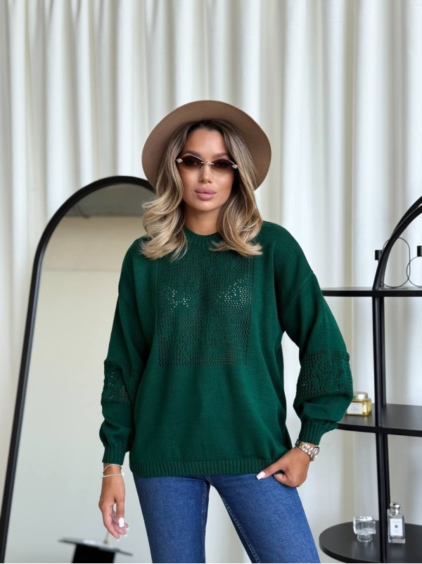 Класичний жіночий светр з ажурним плетiнням смарагдового кольору 34178
