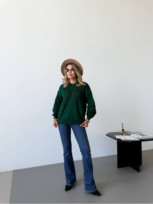 Класичний жіночий светр з ажурним плетiнням смарагдового кольору 34178