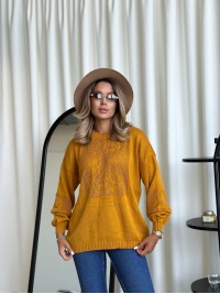 Класичний жіночий светр з ажурним плетiнням жовтого кольору 34179
