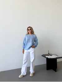 Класичний жіночий светр з ажурним плетiнням блакитного кольору 34180