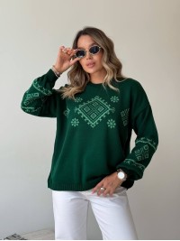 Класичний жіночий светр із етнічним візерунком зеленого кольору 34183