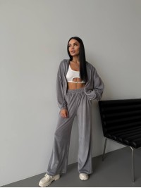 Велюровий жіночий костюм з капюшоном сiрого кольору 34211
