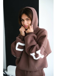 Жіночий теплий костюм з написом коричневого кольору 34216