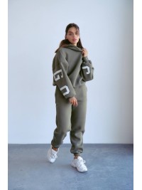 Жіночий теплий костюм з написом кольору хакi 34219