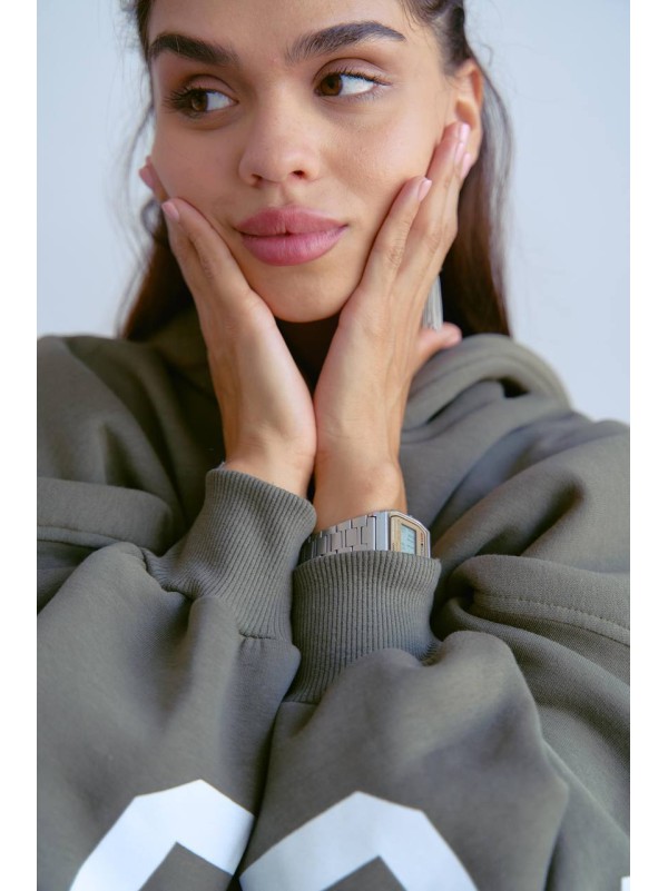 Жіночий теплий костюм з написом кольору хакi 34219