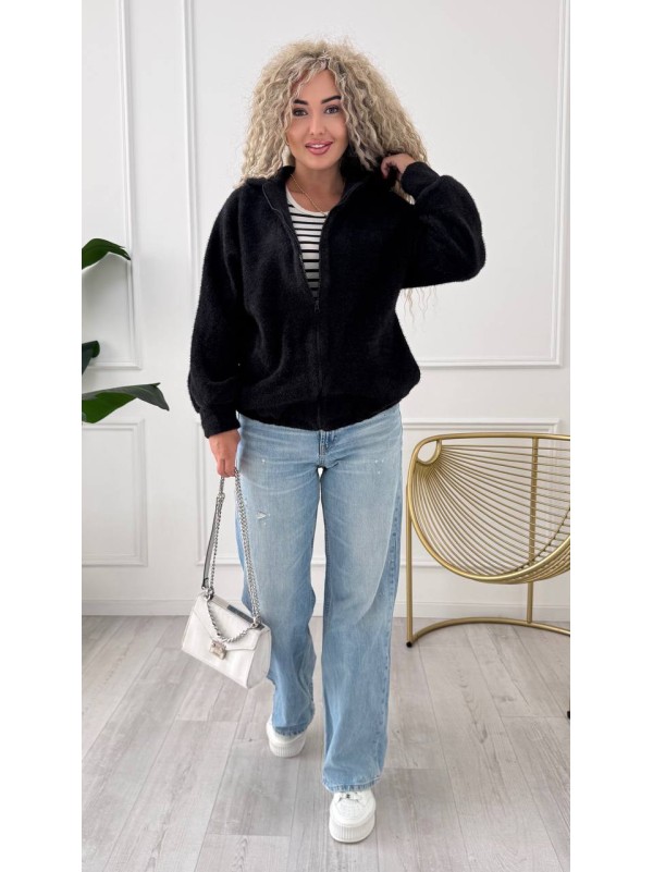 Жіночий кардиган iз альпаки з капюшоном чорного кольору 34221
