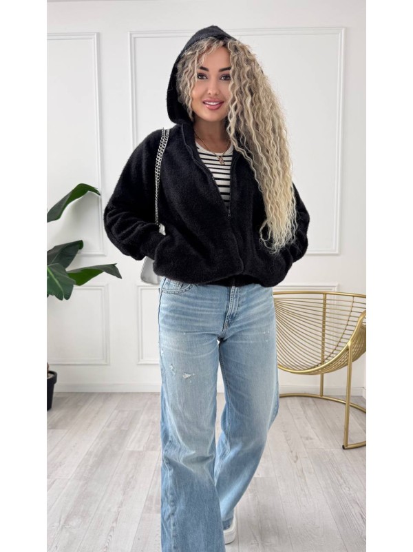 Жіночий кардиган iз альпаки з капюшоном чорного кольору 34221