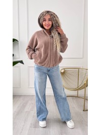 Жіночий кардиган iз альпаки з капюшоном кавового кольору 34223