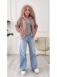 Жіночий кардиган iз альпаки з капюшоном кавового кольору 34223