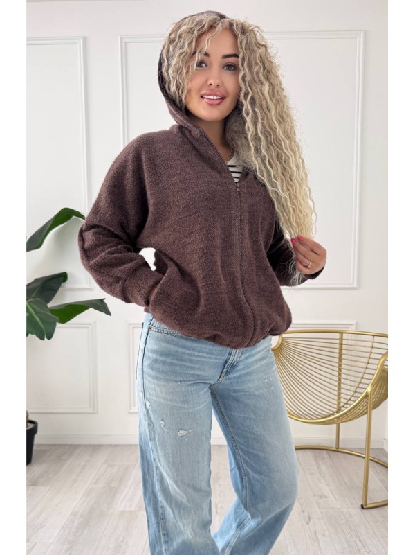 Жіночий кардиган iз альпаки з капюшоном коричневого кольору 34224