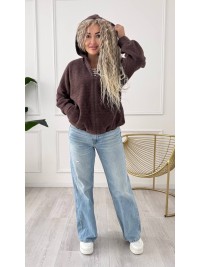 Жіночий кардиган iз альпаки з капюшоном коричневого кольору 34224