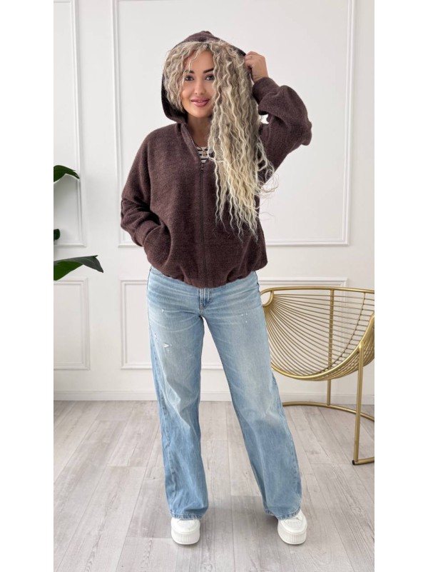 Жіночий кардиган iз альпаки з капюшоном коричневого кольору 34224