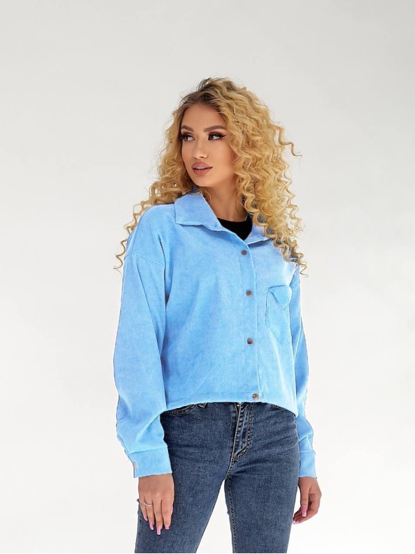 Жіноча вельветова сорочка на резинці блакитного кольору 34227