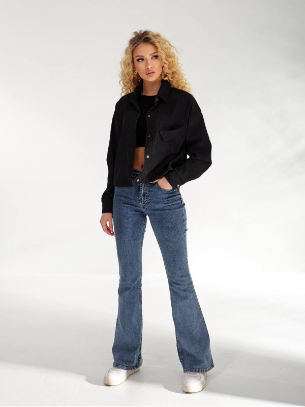 Жіноча вельветова сорочка на резинці чорного кольору 34230