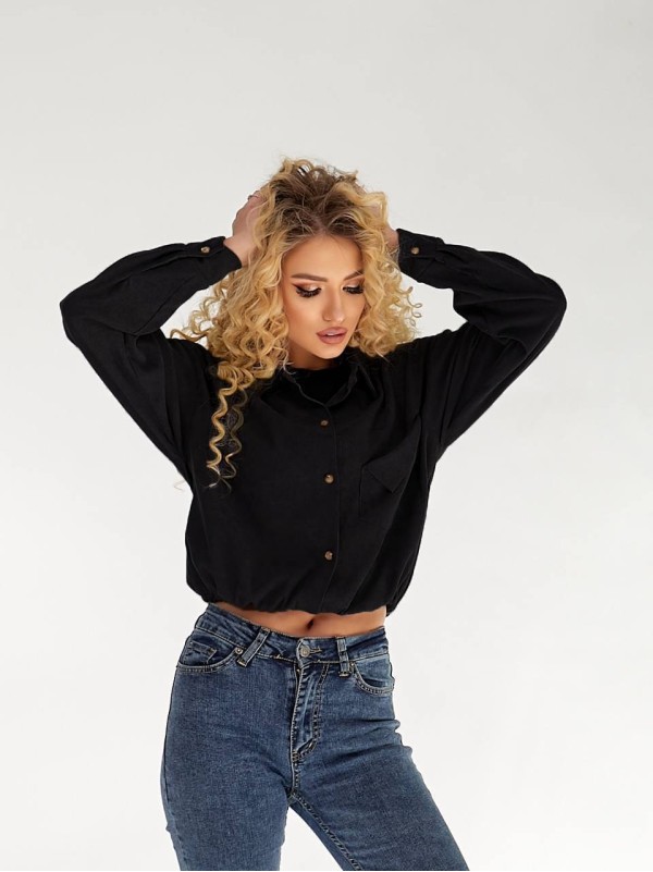 Жіноча вельветова сорочка на резинці чорного кольору 34230