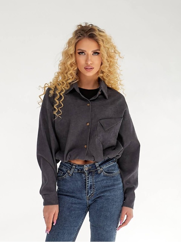Жіноча вельветова сорочка на резинці графiтового кольору 34234