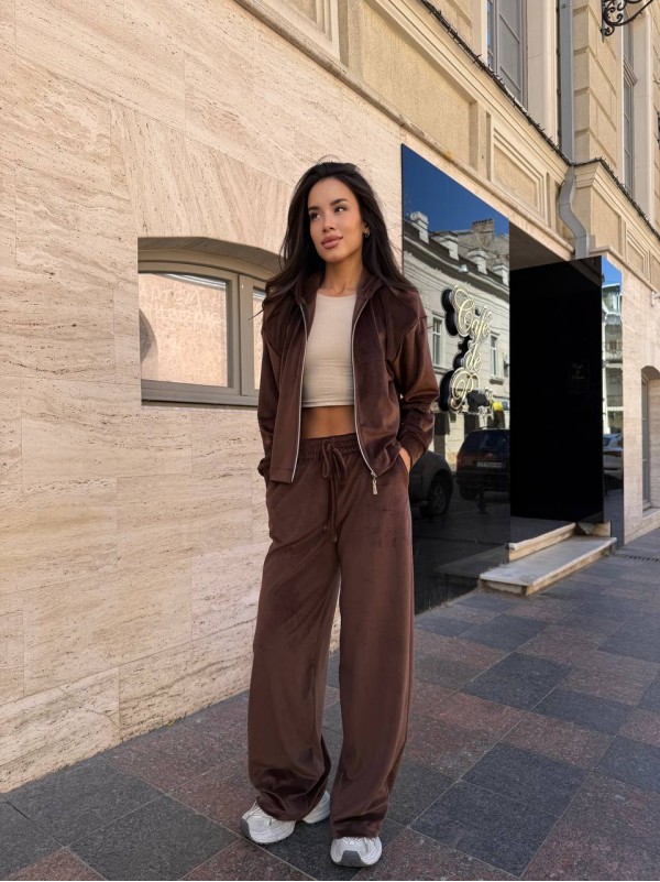 Велюровий жіночий костюм на змiйцi коричневого кольору 34265