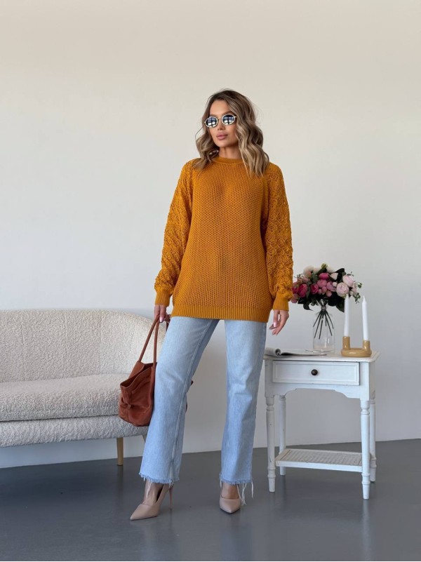 Подовжиний жіночий светр жовтого кольору 34277