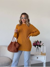 Подовжиний жіночий светр жовтого кольору 34277