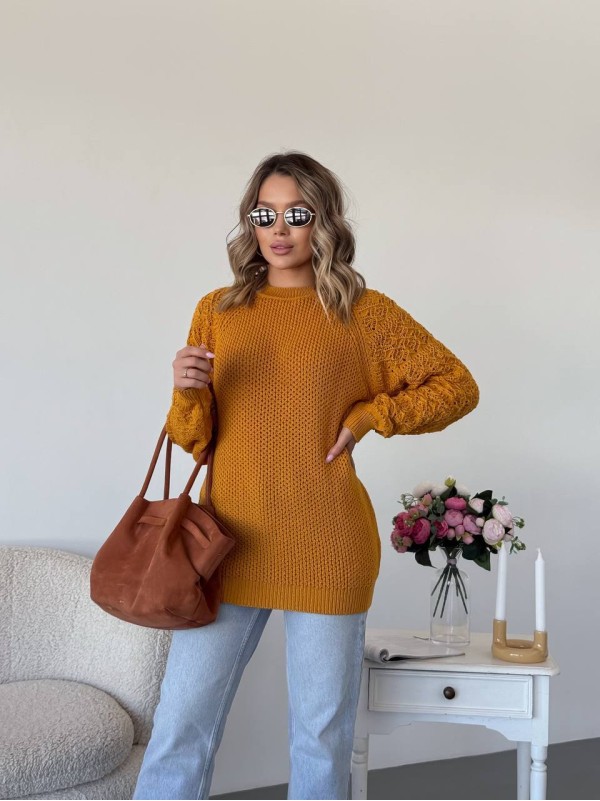 Подовжиний жіночий светр жовтого кольору 34277