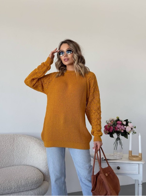 Подовжиний жіночий светр жовтого кольору 34277