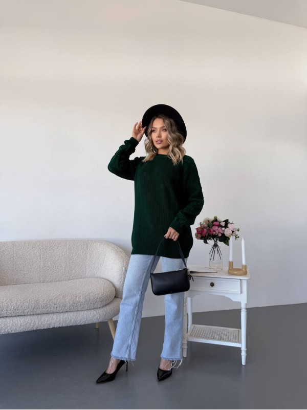 Подовжиний жіночий светр смарагдового кольору 34280