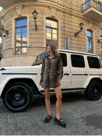 Джинсова жіноча сорочка леопардового стиля коричневого кольору 34282