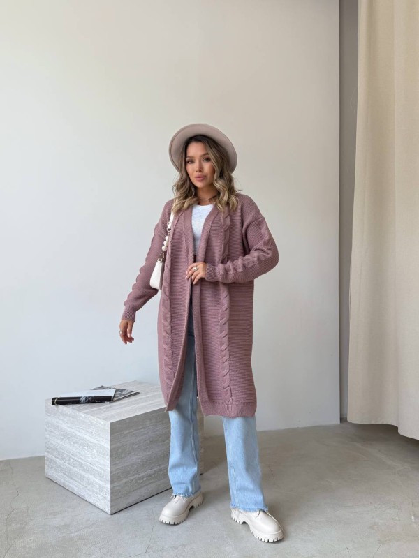 Жіночий подовжиний кардиган пудрового кольору 34290