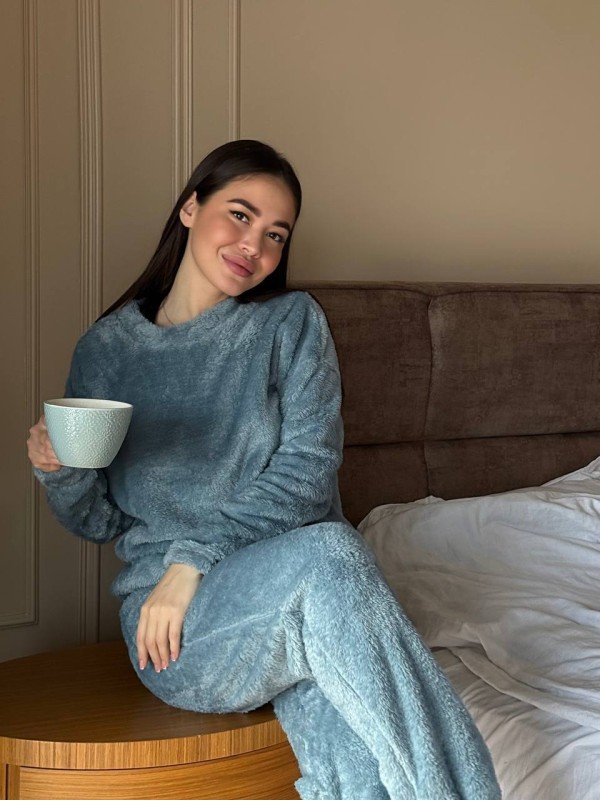 Жіночий домашній махровий костюм синього кольору  34331