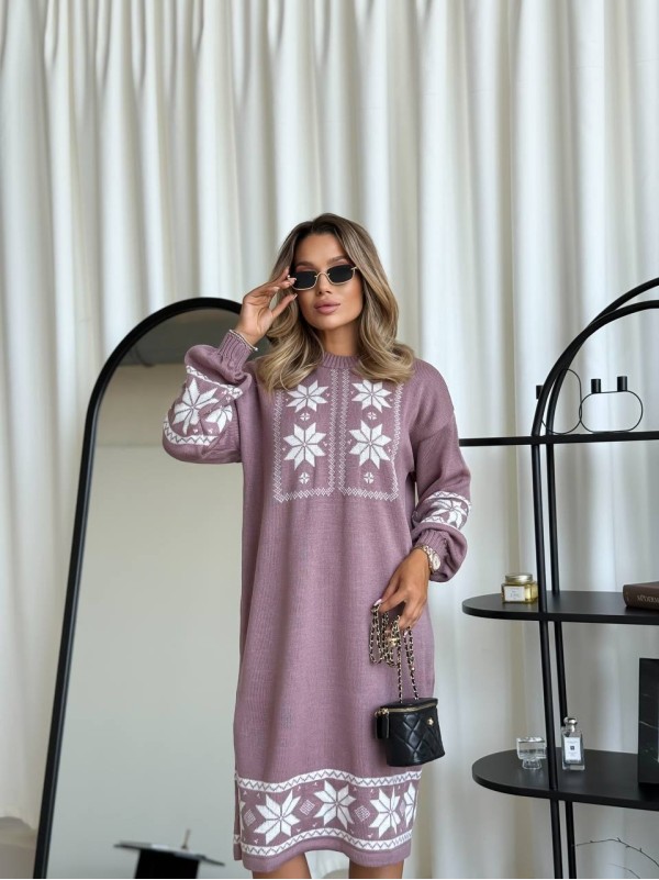 В'язана сукня з етнічним малюнком пудрового кольору 34359