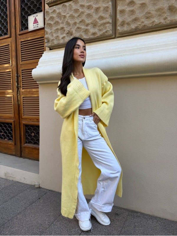 Жіночий довгий кардиган жовтого кольору 34368