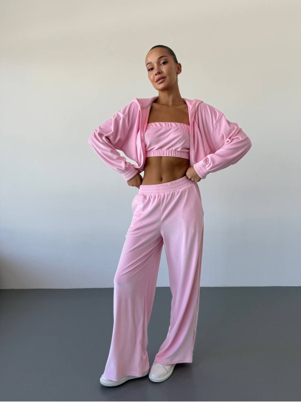 Жіночий велюровий костюм трійка рожевого кольору 34399