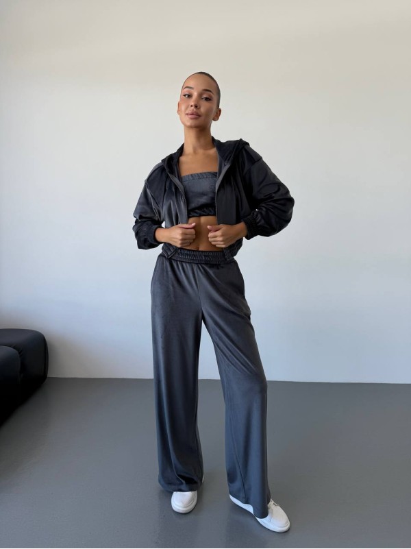 Жіночий велюровий костюм трійка графiтового кольору 34400