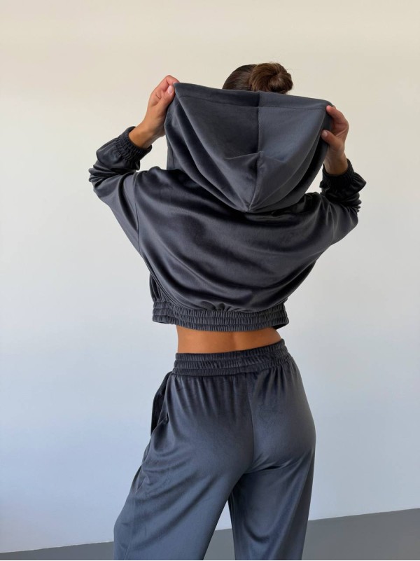 Жіночий велюровий костюм трійка графiтового кольору 34400