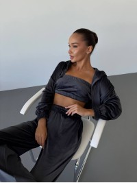 Жіночий велюровий костюм трійка графiтового кольору 34400