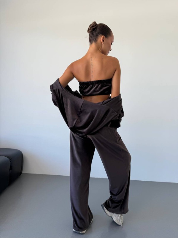 Жіночий велюровий костюм трійка коричневого кольору 34401