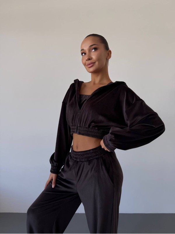 Жіночий велюровий костюм трійка коричневого кольору 34401