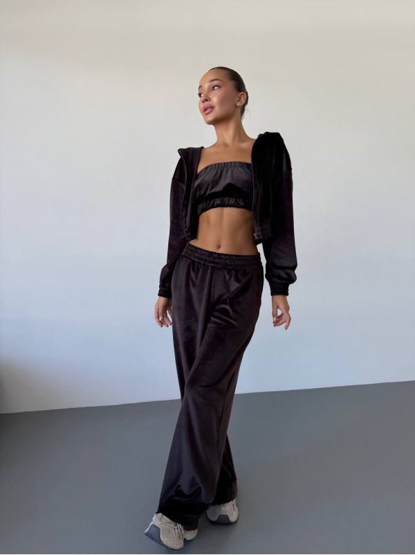 Жіночий велюровий костюм трійка коричневого кольору 34401