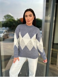 Жіночий светр з геометричним малюнком синього кольору 34417