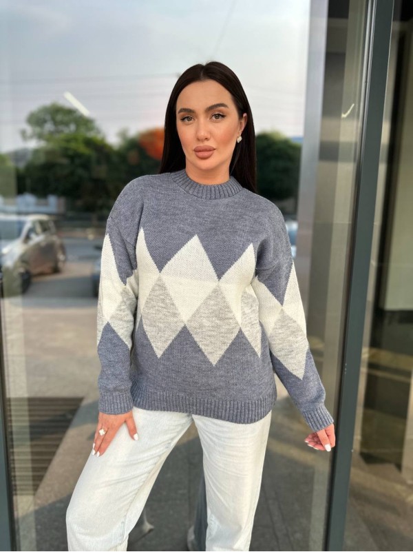 Жіночий светр з геометричним малюнком синього кольору 34417