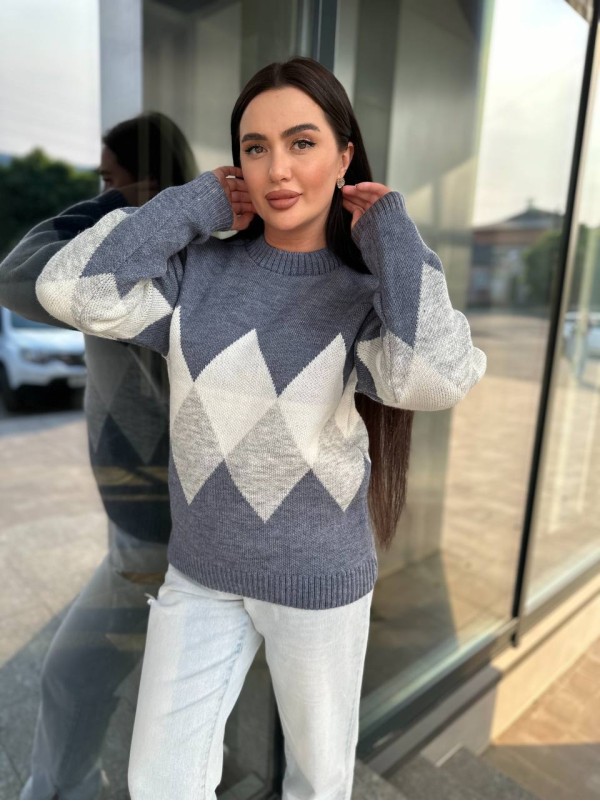 Жіночий светр з геометричним малюнком синього кольору 34417